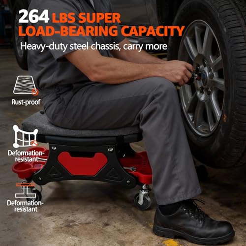 264 LBS Mechanic Stool, Garage Mechanics Seat with Swivel Wheels | Heavy Duty Rolling Mechanics Seat w Three Slide Out Tool Trays and Drawer, For Automotive Auto Repair, Garage Stool