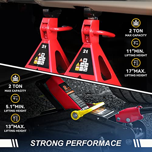 Auto Dynasty 2 Ton Floor Jack with Jack Stands, Heavy Duty Steel Hydraulic Racing Floor Jack with Single Piston Quick Lift Pump, Hydraulic Trolley Service Car Jack, Red/Black - color: Red/Black