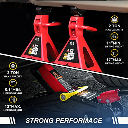 Auto Dynasty 2 Ton Floor Jack with Jack Stands, Heavy Duty Steel Hydraulic Racing Floor Jack with Single Piston Quick Lift Pump, Hydraulic Trolley Service Car Jack, Red/Black - color: Red/Black