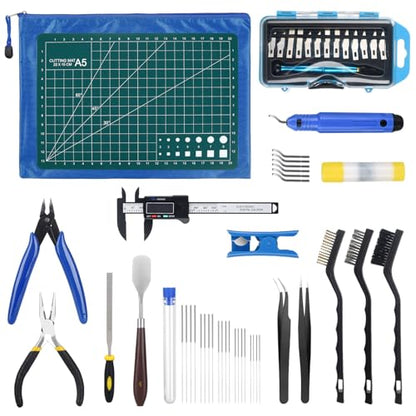 KuanStore 3D Printer Tools Kit, 3D Printing Accessory with 55Pcs Includes Deburring Tool, Caliper, Art Knife Set, Tube Cutter, Storage Bag Suitable for 3D Print Removing, Cleaning | Includes Deburring Tool, Caliper, Art Knife Set, Tube Cutter, Storage Bag