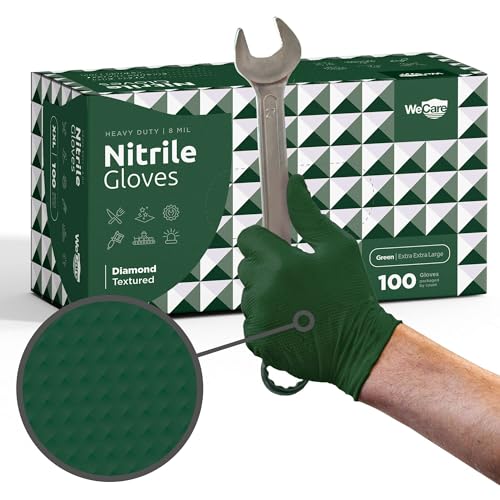 WECARE 8 Mil Nitrile Gloves - Heavy Duty Mechanic Gloves, with Diamond Grip - Powder and Latex Free Disposable Gloves - color: Green, size: XX-Large