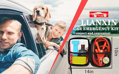 Auto Emergency Kits Vehicles with Jumper Cables headlamp Car Safety Kits | Car Emergency Roadside Tool Kit Tow Straps, Safety Hammer, Rainwear, Multi-tool Kit, Breakdowns Gifts for New Drivers - color: Sky Blue