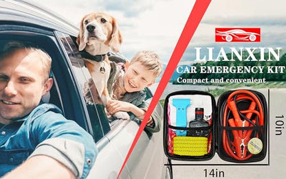 Auto Emergency Kits Vehicles with Jumper Cables headlamp Car Safety Kits | Car Emergency Roadside Tool Kit Tow Straps, Safety Hammer, Rainwear, Multi-tool Kit, Breakdowns Gifts for New Drivers - color: Sky Blue