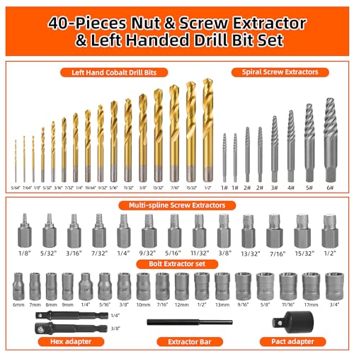 56Pcs Spiral Screw Extractor Set, Left Hand Drill Bit Set Easy Out | Bolt Extractor Set Hex Adapter, Multi-Spline Lug Nut Remover for Stripped, Rounded, Damaged, Broken Studs Bolts Screws - size: 56pcs