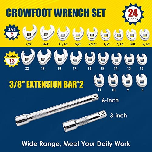 YIYEIE 3/8" Drive Crows Foot Wrench Set, 24PCS Flare Nut Crowfoot Wrench Set, Metric & SAE, 8-22mm & 5/16"-7/8", CR-V Steel, Crows Feet Wrench Set with 2 Extension Bars, Line Wrench Set with EVA Foam - color: Metric & Sae 24pcs, size: 6-Point