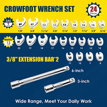 YIYEIE 3/8" Drive Crows Foot Wrench Set, 24PCS Flare Nut Crowfoot Wrench Set, Metric & SAE, 8-22mm & 5/16"-7/8", CR-V Steel, Crows Feet Wrench Set with 2 Extension Bars, Line Wrench Set with EVA Foam - color: Metric & Sae 24pcs, size: 6-Point