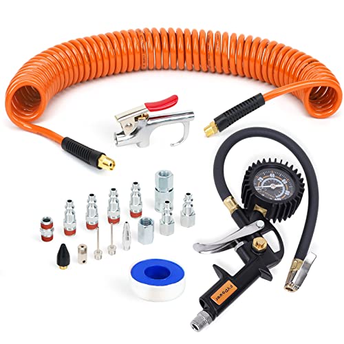 18 Pieces Air Compressor Accessories kit, 1/4 inch x 25 ft Recoil Poly Air Compressor Hose Kit, 1/4" NPT Quick Connect Air Fittings, 100 PSI Tire Inflator Gauge, Heavy Duty Blow Gun - color: Orange