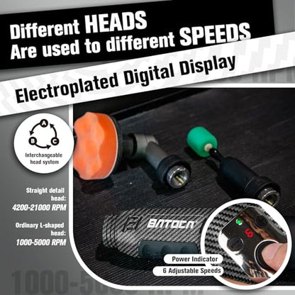 BATOCA S6 Mini Cordless Polisher for Car Detailing, 2x2.0Ah Batteries, 0mm Rotary Buffer & 12mm Dual Action Polisher 1-3 Inch, 2 Different Speeds Heads Systems, 4.2k-21k, 1-5k RPM Carbon Style - size: Carbon Style with 2 batteries
