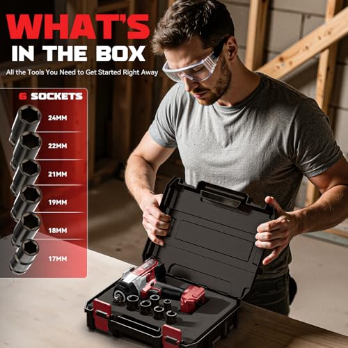 DIYtoolifz Cordless Impact Wrench 1/2 inch Compatible with Milwaukee 18v Battery, 1700 Ft-lbs High Torque Impact Driver with 6Pcs Sockets & Storage Case, Electric Impact Gun with 4-Speed & LED Light - size: 1/2 inch, style: Socket Set for Milwaukee 18v Ba