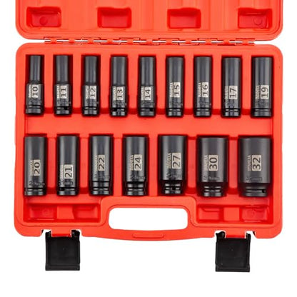 16PCS Impact Socket Set 1/2"Drive,Metric Sizes (10 to 32 mm),Allen Socket Set,Deep CO-MO Meterial Socket Set,Sleek Socket With Premium Red Organizer - size: 1/2 Metric 16Piece