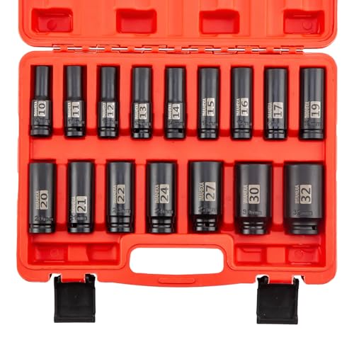 16PCS Impact Socket Set 1/2"Drive,Metric Sizes (10 to 32 mm),Allen Socket Set,Deep CO-MO Meterial Socket Set,Sleek Socket With Premium Red Organizer - size: 1/2 Metric 16Piece