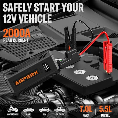 ASPERX Car Jump Starter, 2000A Peak Battery Jump Starter for Up to 7.0L Gas or 5.5L Diesel Engine, 12V Portable Battery Starter Power Pack with 1.4 INCH LCD Display - color: black