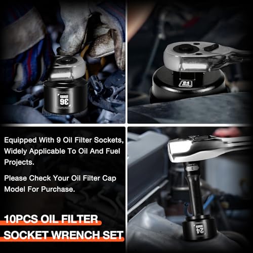 BLACKROBOT 10-Piece 3/8” Drive Oil Filter Socket Wrench Set, Metric Low Profile Oil Filter Sockets with 72-Tooth Ratchet, Oil Filter Cap Remover and Installer Tool Set - size: 24mm-64.5mm