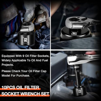 BLACKROBOT 10-Piece 3/8” Drive Oil Filter Socket Wrench Set, Metric Low Profile Oil Filter Sockets with 72-Tooth Ratchet, Oil Filter Cap Remover and Installer Tool Set - size: 24mm-64.5mm