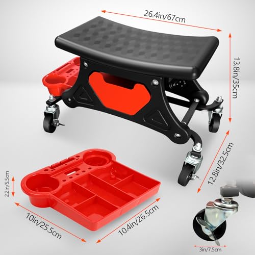 264 LBS Mechanic Stool, Garage Mechanics Seat with Swivel Wheels | Heavy Duty Rolling Mechanics Seat w Three Slide Out Tool Trays and Drawer, For Automotive Auto Repair, Garage Stool