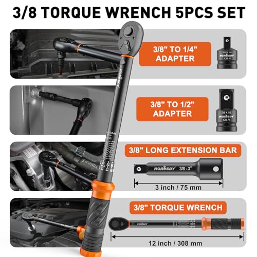 HORUSDY 3/8" 5PCS Torque Wrench Set(5–45 ft-lb/ 6.8–61 Nm) – Torque Wrench 3/8 Drive with 3" Extension, 3/8" to 1/4" & 3/8" to 1/2" Adapters, Case for Bike, Car, Moto & Other Repair - size: 5–45 ft-lb, style: 3/8" drive with 3" Extension, 3/8" to 1/4" & 3