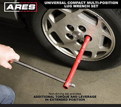ARES 57000 – 26-Inch Universal Multi-Position Lug Wrench Set - 17mm, 19mm, and 21mm Socket Ends – Unique ½-Inch Drive Socket Adapter End – Compact Design with Storage Pouch - size: Universal Multi-Position Lug Wrench