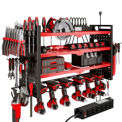 NattyDot Cordless Power Tool Organizer Wall Mount, 6 Drill Holders, Red | Four-tier charging rack holds six cordless drills plus a grinder; shelves keep batteries, chargers and accessories organized - color: Red