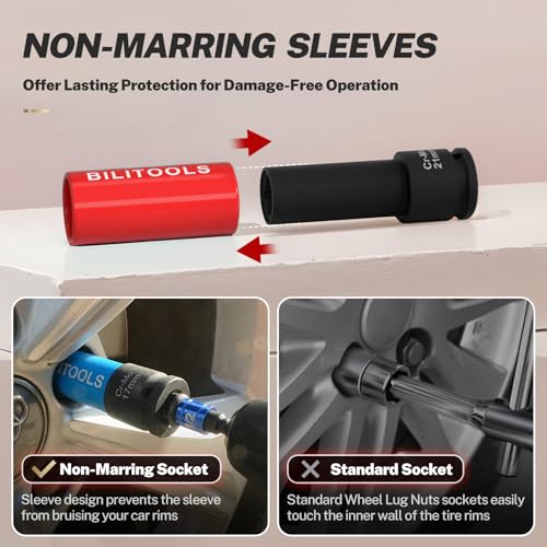 BILITOOLS 5pcs 1/2’’ Drive Impact Lug Nut Socket Set, 15/17/19/21/22mm | Non-Marring Socket Set, CR-MO Steel, 6-Point Flank Drive, Color-Coded Sleeves, Scratch-Proof, fits Impact Wrenches - size: 15 17 19 21 22 mm