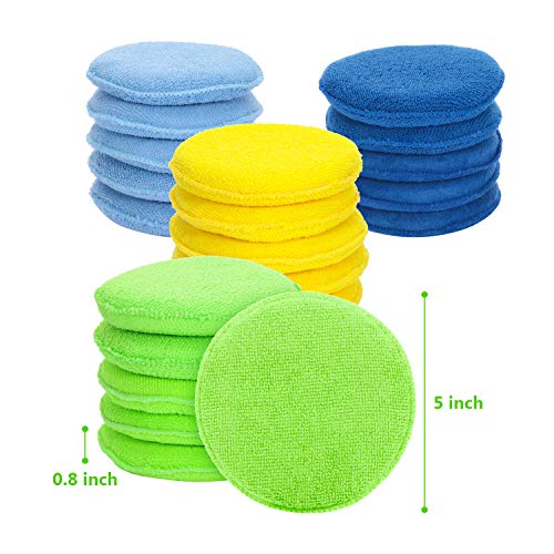 20 Pieces Cars Microfiber Wax Applicator Pads Foam Bulk 5 Inch Diameter Round Polishing Sponge Buffing Detailing Pads for Cars, Yellow Green Blue Dark Blue