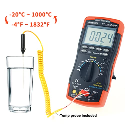BTMETER Digital Multimeter, Handheld TRMS 6000 Multi Meter Auto Range Voltmeter Ammeter Measure AC DC Volt Amp Ohm Continuity Capacitance Frequency Diode hFE Transistor Temp 770HC-APP - color: 6000 Counts Multimeter Logger 770HCAPP