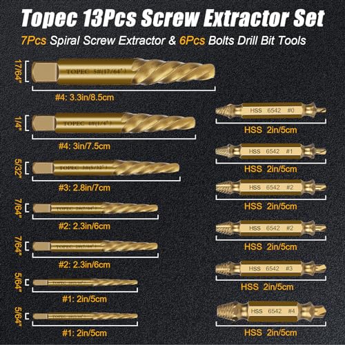 TOPEC Small Screw Extractor Set, 13 PCS Stripped Screw Removal Tool, HSS 6542 Easy Out Kit for Damaged, Broken Fasteners, Fathers Day Gifts for Dad (Golden) - size: 13-piece