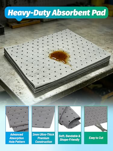 13"x9.8" Oil Absorbent Pads 10 Pack, Water Absorbent Mat, Trimmable Absorbent Sheets for Garage, Automotive, Workshop, Handles Oil, Coolant, Water & Chemicals