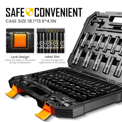 BOEN 1/2" Drive Impact Socket Set, 72 Piece Standard SAE (5/16"-1-1/4") & Metric (8-24 mm), Deep & Shallow Kit | Includes Ratchet Handle & Adapters | 3 ", 5", 10" Extension Bar