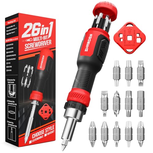 SHARDEN 26-in-1 Ratcheting Screwdriver Set Multi Ratchet Screwdriver Multi Screwdriver Tool Kit with 12 Double Ended CRV Bits Phillips Slotted Torx Hex Portable Tool for Home Bike Computer Repair - color: Red, size: Ratchet-NonExtendable