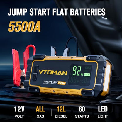 VTOMAN V10 Max 5500A Portable Jump Starter with 100W USB-C Fast Charger | Car Battery Jumper Starter Portable, All Gas or 12L Diesel Engines,12V Jump Start Booster Pack, Jump Box Comes, Pickup Trucks - color: yellow