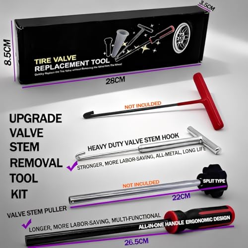 Tire Valve Stem & Core Removal Replacement Installation Tool Kit,Valve Stem Remover without Tire Removal,Longer Tire Valve Stem Puller For Checking Tire Pressure,for Cars Motorcycles Lawn Mowers ATVs