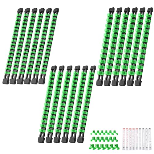 Reniteco 18-Pack Socket Organizer Set, 1/4" x 96 3/8" x 90 1/2" x 72 Clips | 258 Clip Capacity, Havy-Duty ABS Socket Rails, Removable Clips, Drive Socket Storage, Toolbox Drawer or Wall Mount - color: Green, size: 18 Pcs