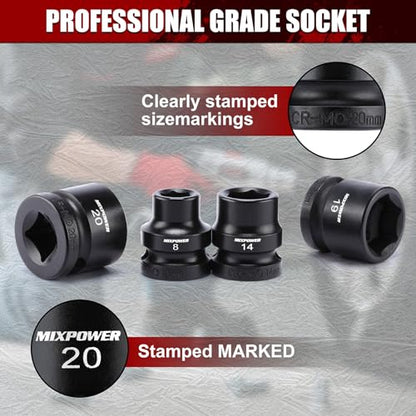 MIXPOWER 15-Piece 3/8" Drive Stubby Impact Socket,CR-MO,8-22mm,6-Point,Metric,Radius Corner Design, Axle Nut Impact Grade Socket for Easy Removal - size: 3/8" Drive / Metric Set