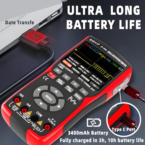 ZT-703S 3 in 1 Handheld Oscilloscope Automotive Dual Channel 50MHz with Digital Multimeter and Signal Generator, 3400mAh for Electronics/Education