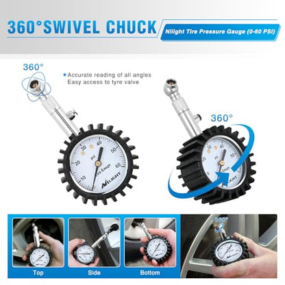 Nilight Tire Pressure Gauge 60PSI Heavy Duty Stainless Steel Air Chucks ANSI B40.1 Certified Large 2" Dial Wheel Service Checker for Truck Semi Truck ATV Motorhome Cars & RV Accessories - color: 60psi Tire Gauge