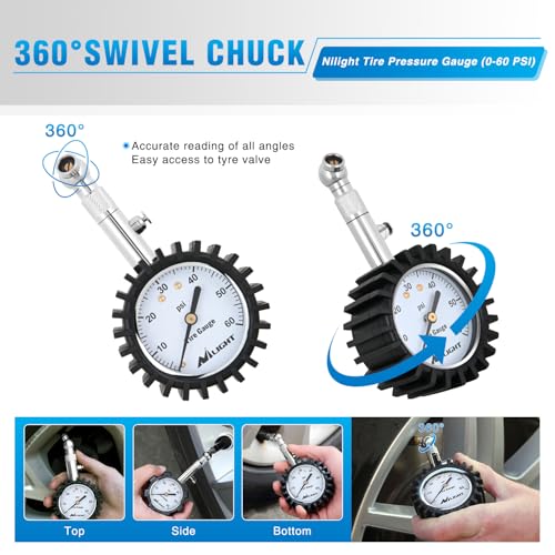 Nilight Tire Pressure Gauge 60PSI Heavy Duty Stainless Steel Air Chucks ANSI B40.1 Certified Large 2" Dial Wheel Service Checker for Truck Semi Truck ATV Motorhome Cars & RV Accessories - color: 60psi Tire Gauge