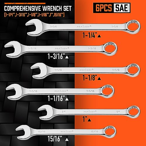 HORUSDY Large Wrench Set with Rolling Pouch | SAE | 6-Piece | 15/16″, 1″, 1-1/16″, 1-1/8″, 1-3/16″, 1-1/4″ | 12 Point | Chrome Vanadium Steel - style: 6-Piece SAE Wrench Set