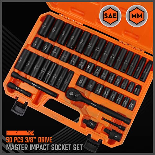 HORUSDY 50-Piece 3/8" Drive Impact Socket Set, Standard SAE (5/16 to 3/4 inch) and Metric (8-22mm) Size, 6 Point, Cr-V, 3/8-Inch Drive Ratchet Wrench, Drive Extension Bar, Impact Universal Joint - style: 50PC 3/8" Master Kit