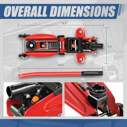 Auto Dynasty 2 Ton (4000 lbs) Capacity Floor Jack Low Profile Garage Hydraulic Trolley Service Lift Floor Jack Combo with Ratchet Jack Stands for SUV, Car and Truck, Red - color: Red