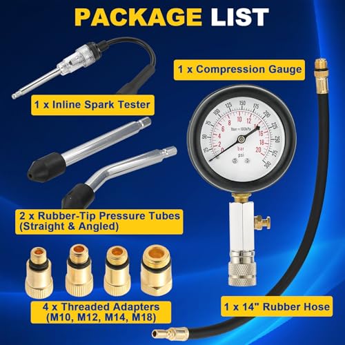 DASBET 9PCS Compression Tester Kit with Spark Plug Tester | Engine Compression Tester Petrol 0-20 Bar & 0-300 psi Car and Motorcycle Engine Testing Tools for Cylinder Pressure Gauge - color: Blue