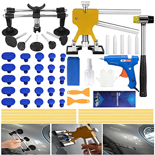 Dent Puller Kit，56pcs Paintless Dent Repair Kit with Golden Lifter, Double Pole Bridge Puller, Glue Gun &Slide Hammer, Dent Removal Kit for Car Refrigerator Motorcycle Dent Remove