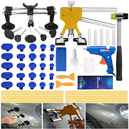 Dent Puller Kit，56pcs Paintless Dent Repair Kit with Golden Lifter, Double Pole Bridge Puller, Glue Gun &Slide Hammer, Dent Removal Kit for Car Refrigerator Motorcycle Dent Remove