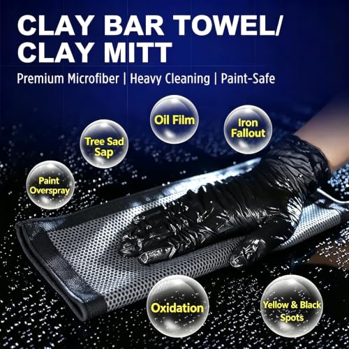 4-Piece Car Detailing Clay Bar Kit with Mitt & Towel | Removes Iron Fallout, Paint-Safe Microfiber, Dual-Sided Design, Includes Sponge Pad, Cleans Glass & Paint
