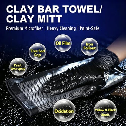 4-Piece Car Detailing Clay Bar Kit with Mitt & Towel | Removes Iron Fallout, Paint-Safe Microfiber, Dual-Sided Design, Includes Sponge Pad, Cleans Glass & Paint