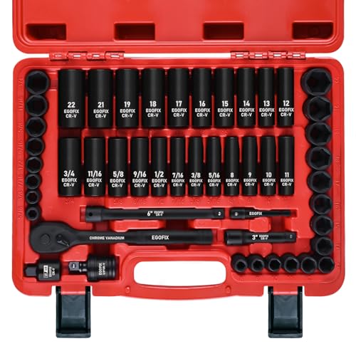 3/8" Drive Impact Socket Set, 50 Piece Standard SAE (5/16 to 3/4 inch) and Metric (8-22mm) 6 Point, with Adjustable Ratchet Handle, Extension Bars, Impact Universal Joint, Adapter, Cr-V Steel - style: 3/8-50PCS
