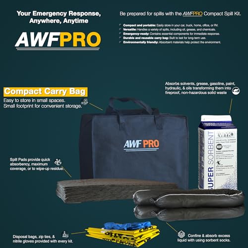 AWF PRO Portable Economy Universal Spill Kit, 25 Pieces | Perfect for Trucks, Restaurants, Vehicles, & Homes, Includes Durable Storage Bag, Sorbent Socks & Pads, & Accessories - size: Economy Spill Kit