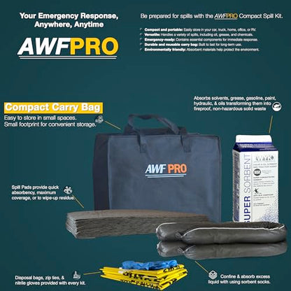 AWF PRO Portable Economy Universal Spill Kit, 25 Pieces | Perfect for Trucks, Restaurants, Vehicles, & Homes, Includes Durable Storage Bag, Sorbent Socks & Pads, & Accessories - size: Economy Spill Kit