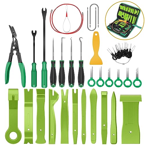 GOOACC 40Pcs Trim Removal Tool,Auto Terminal Removal Key Tool,Auto Clip Pliers Stereo Removal Tools,Car Upholstery Repair Removal Kit,Precision Hook and Pick Set,Wiring Threader,Car Film Scrape-Green - color: Green