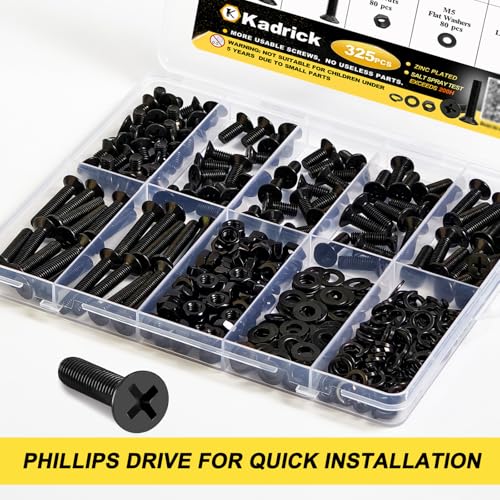 KADRICK 325Pcs M5 Countersunk Screws,M5 Flat Head Screws,Phillips Bolts Nuts Washers Assortment Kit,Zinc Plated,Lenth of 8MM-30MM - size: M5 325Pcs 8-30mm