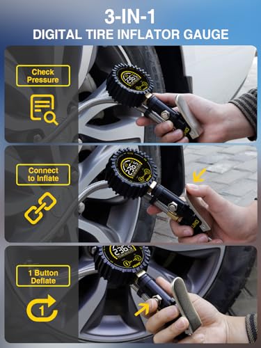 AZUNO Digital Tire Inflator Gauge 255 PSI, Heavy Duty Tire Pressure Gauge with Air Chuck, Steel Braided Hose, Quick Connect Coupler & Case for Truck RV Trailer - size: 255PSI For Truck / RV